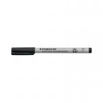 A pack of 10 Staedtler Fineliners and Lumocolor Non-Permanent Universal Pens in fine 0.6mm tip, all in sleek black. The pens are neatly organized and lined up perfectly in their packaging. They appear precise and professional, ready for any task.