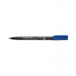 The image features a pack of 10 blue Staedtler Fineliners and Lumocolor Permanent Universal Pens. Each pen has a fine 0.6mm tip and the pack is labeled with the brand name, product name, and quantity. The pens are neatly arranged in a row, ready to be used for precise and lasting writing or drawing.