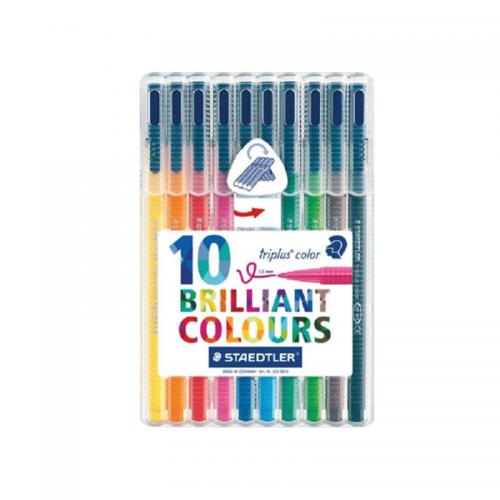 The photo shows a set of Staedtler Colouring Pens & Pencils, along with a pack of 10 Tri+ Color Fibre Tip Pens in a variety of assorted colors. The vibrant hues and sturdy design of the pens and pencils make them perfect for any creative project.