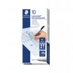 This picture shows a set of 10 black Staedtler fineliners and lumocolor pens. The fine tips create precise lines, making them ideal for writing and drawing. The non-permanent ink allows for easy erasing. These high-quality pens are perfect for any task.