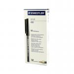 The photo shows a set of Staedtler Ballpoint Pens, specifically the Stick 430 model in medium point and black ink. There are 10 pens in the pack. The pens have a sleek, streamlined design with a comfortable grip and visible ink level. The packaging is simple and professional, with the Staedtler logo and product name clearly displayed. The pens are neatly arranged in rows, ready to be used for precise and smooth writing.