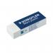 The picture shows two Staedtler Mars Plastic Eraser pencils, one placed on top of the other. The erasers are white with a blue Staedtler logo on the side and are in their original packaging. The packaging is circular with a clear front that displays the erasers. The erasers themselves have a rectangular shape with rounded corners and have a smooth, plastic texture.