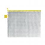 The picture shows a pack of 5 unbranded popper wallets, zip files, and a BDS mesh zip bag in yellow. The zip bag is 255x205mm in size and has a zipper for secure closure. These items are great for organizing and storing documents, receipts, and other small items.
