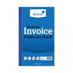 The photo shows a set of 6 Silvine Duplicate and Triplicate Carbonless Invoice Books, each measuring 210x127mm. The cover has the Silvine logo and product name in bold letters. The pages appear clean and neatly stacked, with a perforated edge for easy tearing. The carbonless paper allows for clean, easy copies of invoices to be made. A useful tool for organizing and keeping track of invoices.