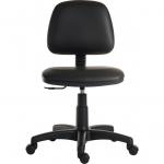 The picture features a black PU operator chair from Teknik Office with a medium backrest that is height adjustable. The seat is easy to wipe clean and optional arm rests can be added. The chair is designed for general use and ergonomically designed for comfort.