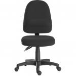 The image shows two Teknik High Back Chairs in black fabric, featuring ergonomic design with pronounced lumbar support. The sturdy nylon base ensures stability, while optional arm rests provide additional comfort. Perfect for any office setting.