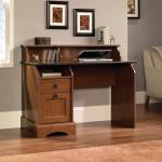 Teknik Office Farmhouse Desk with Autumn Maple Finish Sunset Granite Accent Desktop Two Storage Drawers and Three Storage Cubbys