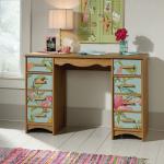 Teknik Office Boutique Style Desk Scribed Oak finish Front Panels Feature Bird and Floral Patterns with Two Drawers and Two Adjustable Shelves