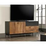 Teknik Office Boulevard Cafe TV Credenza in a black finish with Vintage Oak accents accommodates up to 60&rdquo; TV 2 adjustable shelves behind doors