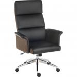 Elegance High Backed Executive Chair Black Leather Look Gull Wing Arms Contrast Chocolate Accent Fabric with Recline Function Smart Swivel Chrome Base 6950BLK