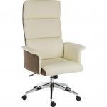 Elegance High Backed Executive Chair Cream Leather Look Gull Wing Arms Contrast Chocolate Accent Fabric with Recline Function Smart Swivel Chrome Base