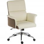 Elegance Medium Backed Executive Chair Cream Leather Look Gull Wing Arms Contrast Chocolate Accent Fabric with Recline Function Smart Swivel Chrome Ba