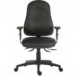 The photo showcases a sleek black executive chair from Teknik Office Ergo, made with high-quality PU material for comfort and durability. It has a tall back for support and is certified for 24-hour use. The chair also features comfortable armrests for added convenience.