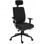 This photograph showcases a Teknik Heavy-duty Seating office chair in black fabric. The chair features a black ultra pyramid base and height adjustable comfort arms for added support. With its ergonomic design, this 24 hr operator chair is perfect for long days at work.