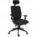 This photograph showcases a Teknik Heavy-duty Seating office chair in black fabric. The chair features a black ultra pyramid base and height adjustable comfort arms for added support. With its ergonomic design, this 24 hr operator chair is perfect for long days at work.