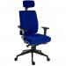 This photo features a blue fabric operator chair with height-adjustable comfort arms and a 24-hour operator chair with a black ultra pyramid base. The chair is designed by Teknik and is part of the Heavy-duty Seating Teknik Office Ergo Plus collection.