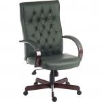 Teknik Office Warwick Green Bonded Leather Traditional Button Back Chair Matching Mahogany Effect Arms Base B8501GR
