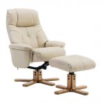 Denver Recliner Cream Leather Look with Swivel Recline Function Stylish Natural Wood Five Star Base and Matching Footstool