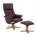Montreal Recliner Burgundy PU with Swivel Recline Function Stylish Natural Wood Five Star Base and Matching Footstool