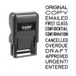 The photo shows a Trodat EcoPrinty 4822 stamp with a black ink color. The stamp features multiple words and the stamp code can be clearly seen. The stamp is sleek and professional, with a compact size. The black ink adds a bold contrast against the light background. Perfect for everyday office use.