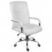 This executive chair features sleek white leather and a sturdy metal frame. The high back and padded armrests provide comfortable support. The wheels and adjustable seat make it suitable for any office setting.