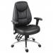 The photograph captures a sleek and modern black operator chair from Teknik 6902 in the Portland collection. The chair features a high backrest, padded seat, and armrests for maximum comfort during long hours of work. The smooth chrome base adds a touch of sophistication to the overall design.