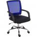The Teknik Teknik 6910BL Star Mesh Blue Back Chair has a sleek, modern design with its curved, mesh backrest and chrome base. The bright blue color adds a pop of color to any workspace. The chair is adjustable and has a comfortable cushioned seat.