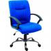 The photograph shows a sleek Teknik 6915 Milan Blue Fabric Exec Chair. The deep blue fabric contrasts beautifully with the chrome frame and modern design. The chair appears comfortable and stylish, perfect for any office space.