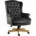 The photograph shows a sleek, black Executive Chair with a swivel feature. Its design exudes professionalism and sophistication. The smooth leather and ergonomic curves suggest comfort and style. The high backrest and sturdy armrests add to its functional features.