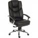 In the image, the Teknik 9410386 Skyline Executive Chair is a sleek and modern office chair with a tall backrest, padded armrests, and a high-quality leather seat. The chair features a sturdy metal frame and a 5-star base with smooth rolling casters, providing both comfort and stability for any executive workspace.