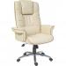 The photo shows a sleek and modern cream chair with a curved backrest and metal legs. The chair features a comfortable cushioned seat and has a minimalist design. A stylish addition to any room.