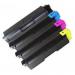 The image shows a set of TSW Ink Cartridges Compatible with Kyocera Toner TK8325C specifically in the color cyan. The cartridges have a page yield of 12000 and the model number 1T02NPCNL0 is included.