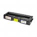 The photograph features a set of TSW ink cartridges for Ricoh printers, specifically the yellow toner type, with a page yield of 6000 pages. The vibrant yellow color and sleek design of the cartridges are displayed prominently in the image. Each cartridge is clearly labeled with the compatible printer type and product code for easy identification.