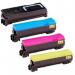This photograph features a set of TSW Ink Cartridges compatible with Kyocera printer models. The cyan color toner, TK570C, has a page yield of 12000 pages. The cartridges, with product code C4607337, are neatly stacked on top of each other.