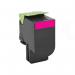 The photo shows remanufactured Lexmark 80C2XM0 CX510 magenta ink cartridges from TSW. The vibrant and rich color of the ink stands out against the clean white packaging. These cartridges are designed to yield 4000 pages, providing long-lasting performance.