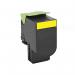 The photograph shows TSW ink cartridges remanufactured for a Lexmark 80C2XY0 CX510 in yellow, with a page yield of 4000. The cartridges are neatly arranged and clearly labeled, showcasing their vibrant color and high page capacity.
