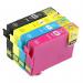 The photo shows a set of TSW ink cartridges compatible with Epson inkjet printers. The black cartridge has a yield of 550 pages and is labeled as C13T02W14010. The packaging is sleek and professional, with the TSW brand prominently displayed. Each cartridge is clearly marked with its respective color and page yield. Overall, the photo conveys a high-quality and reliable product.