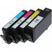This photo showcases a set of TSW ink cartridges compatible with HP printers. The cyan cartridges have a high page yield of 825 pages and feature a sleek design.