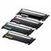 The photo shows a set of TSW ink cartridges compatible with Samsung CLTC404S in cyan color with a yield of 1000 pages. The packaging features the brand name and model numbers. The cartridges are neatly arranged in a row and have a sleek design.