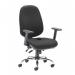 A sleek, black ergonomic office chair from TC Group, featuring a high back and adjustable armrests for maximum comfort. The sleek design of the chair is complemented by its sturdy base and smooth rolling casters. Ideal for any modern workplace.