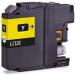 The photograph captures a set of TSW ink cartridges in vibrant yellow. The packaging displays the product name and page yield for Brother LC12E printers. The cartridges appear compact and easy to install.