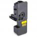 The photograph shows a TSW ink cartridge in bright yellow color. The label reads Compatible with Kyocera TK5240Y, 3000 page yield. The cartridge appears full and ready to use.
