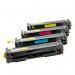 The image shows a set of TSW ink cartridges with reused OEM chips in the colors of HP 415A. The black toner cartridge is labeled as model W2030A and has a page yield of 2400.