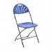 The picture shows a blue Titan folding chair with a linked fan back design. The chair is fully folded and ready for easy storage or transport.