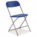 This photograph features a Titan Folding Chair with a flat back in the color blue. The chair is folded up with visible seam lines and a sturdy metal frame. It is compact and easy to store, making it convenient for any occasion.