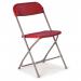 This picture features a burgundy Titan Folding Chair with a flat back design. The chair is folded and compact, perfect for easy storage and transport. Its sturdy metal frame and comfortable seat make it ideal for any event or gathering.