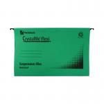 This photograph shows a pack of 50 green crystalfile suspension files from Rexel. Each file is standard size and flexible, designed to easily fit into filing cabinets. The crystalfile feature allows for clear labeling and organization.
