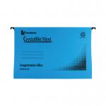 This photo displays a stack of 50 blue Crystalfile suspension files from Rexel, specifically the Crystalfile Flexi Standard Foolscap variety. The sleek design of the folders is evident, with the word Crystalfile printed on the top tab in bold black letters. The files are neatly packed together, ready for organization and storage.