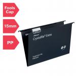 A photo of the Crystalfile Suspension Filing would show a pack of 25 black suspension files with a 15mm size. The Rexel Crystalfile Extra is visible, giving a sleek and professional appearance. These are ideal for organizing and storing important documents.
