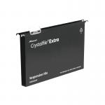The photo shows a set of 25 black Crystalfile Extra 30mm suspension files by Rexel. The folders are neatly organized in a filing cabinet, with the Crystalfile logo clearly visible on each tab. The high-quality construction and sleek design make these files a must-have for any organized office.